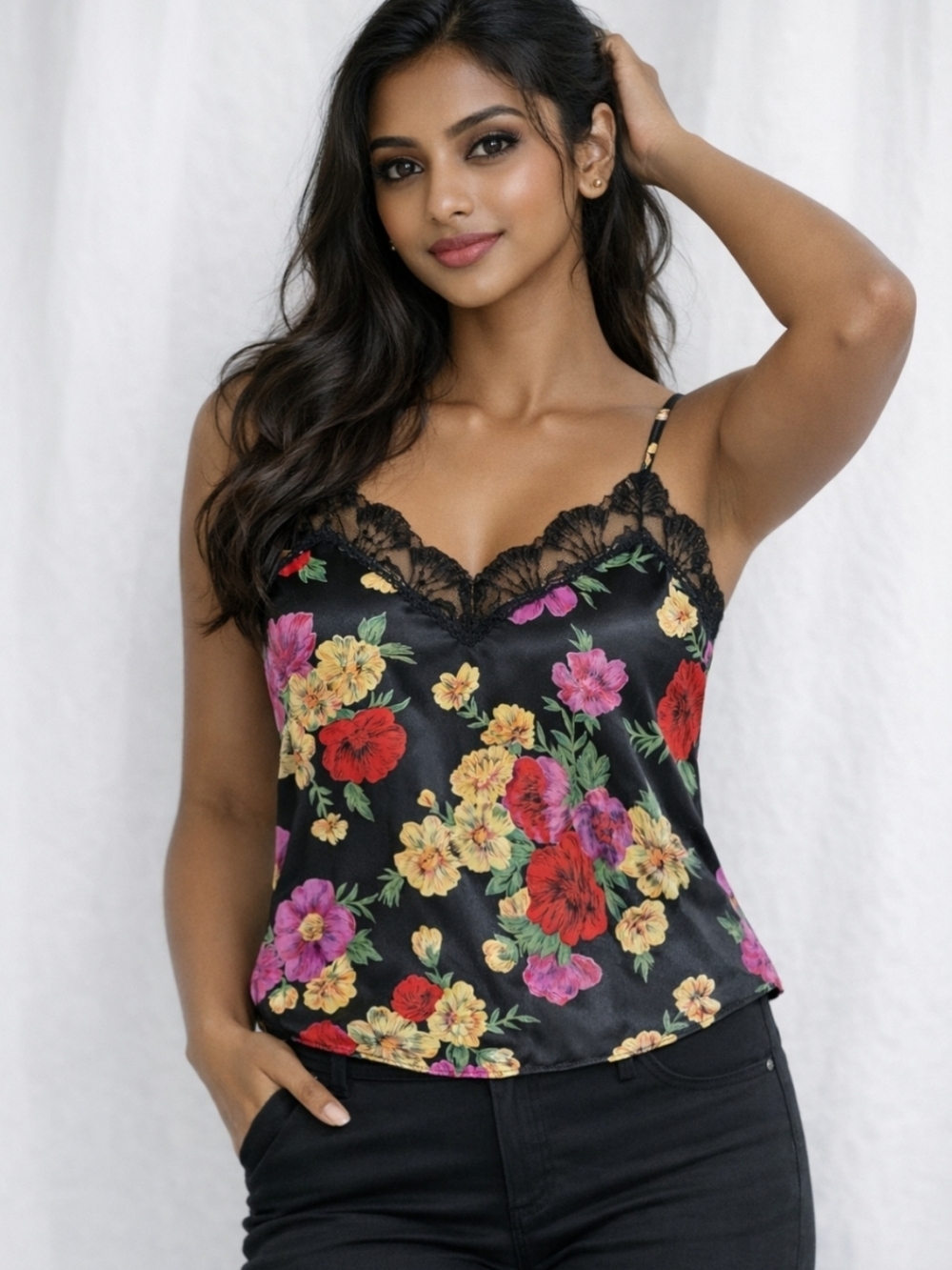 Vintage VS Gold Label Satin Floral Camisole Black Lace 90s S